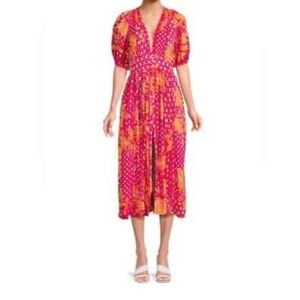 Poupette St. Barth Reine Floral Pink & Orange Button Up Shirt Midi Dress Size S